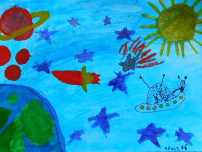 Картина. Автор: Хажиев Айназ. Техника: акварель. Класс: 1 Я и мой космос