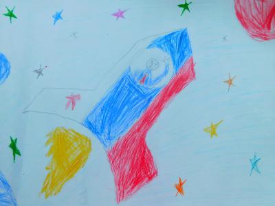 Картина. Автор: Тулькубаев Урал. Техника: карандаш. Класс: 1 Освоение космоса Россией