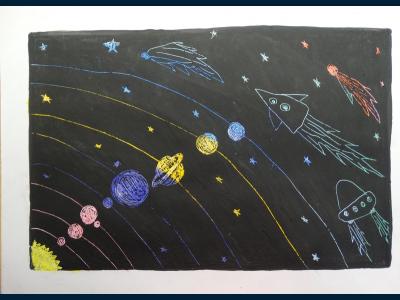 Картина. Автор: Хуснуллина Зарина Азатовна. Техника: смешенная техника. Класс: 1 "Парад планет"