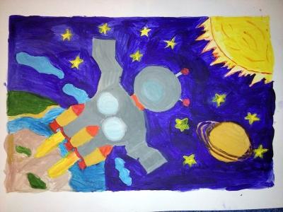 Картина. Автор: Калабугина Эвелина. Техника: акварель. Класс: 1 "Мой космический мир"