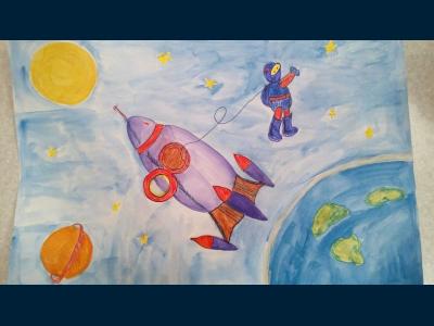 Картина. Автор: Карпов Спартак. Техника: акварель. Класс: 1 Выход в открытый космос