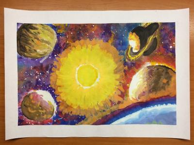 Картина. Автор: Нуриахметова Амира. Техника: гуашь. Класс: 1 Мой космос