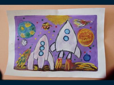 Картина. Автор: Степанов Матвей. Техника: гуашь. Класс: 1 "Путешествие к звездам"