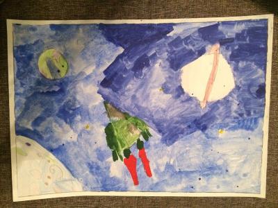 Картина. Автор: Насретдинова Эльвина. Техника: акварель. Класс: 1 "Полёт в космос"