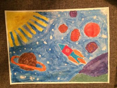 Картина. Автор: Хабибуллина Камила. Техника: смешенная техника. Класс: 1 «Космические дали»