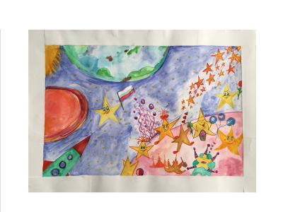 Картина. Автор: Якунова Софья. Техника: акварель. Класс: 1 Жизнь на далеких планетах