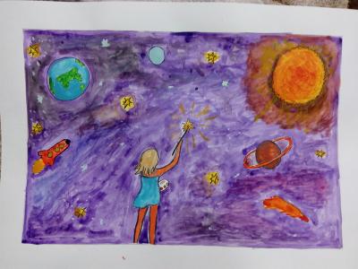 Картина. Автор: Ямалетдинова Маргарита. Техника: смешенная техника. Класс: 1 " Я и мой космос".