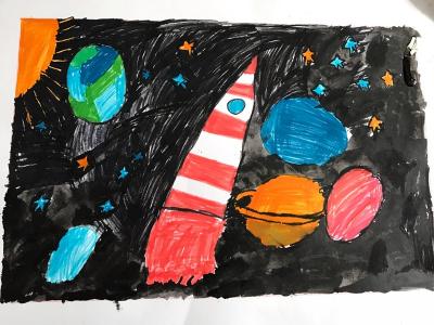 Картина. Автор: Кашапов Ильсур. Техника: смешенная техника. Класс: 1 Полет в космос