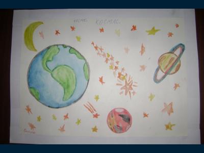 Картина. Автор: Нуреева Самира. Техника: смешенная техника. Класс: 1 «Космические дали»