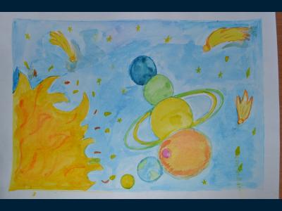 Картина. Автор: Галиева Адиля. Техника: акварель. Класс: 1 космические дали