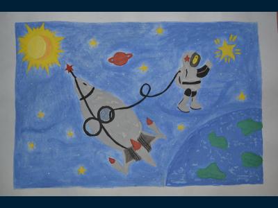 Картина. Автор: Абдиева Карина. Техника: гуашь. Класс: 1 я хочу быть космонавтом