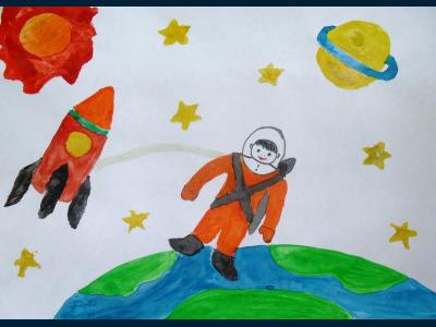 Картина. Автор: Терниевская Олеся. Техника: акварель. Класс: 1 "В открытом космосе"
