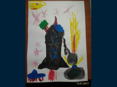 Картина. Автор: Вагапов Ильяс. Техника: гуашь. Класс: 1 "Космическая ракета"