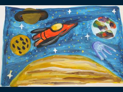 Картина. Автор: Аскаров Карим. Техника: гуашь. Класс: 1 Бороздя просторы Вселенной