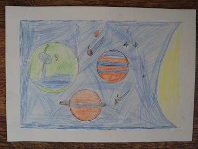 Картина. Автор: Городницкий Матвей. Техника: карандаш. Класс: 1 Хочу увидеть космос