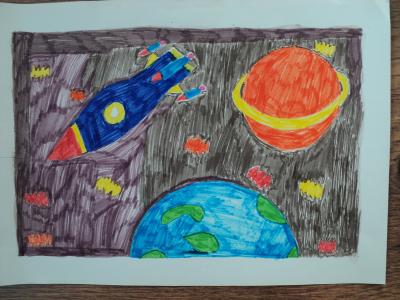 Картина. Автор: Латыпова Карина. Техника: другая. Класс: 1 Я летаю над планетой