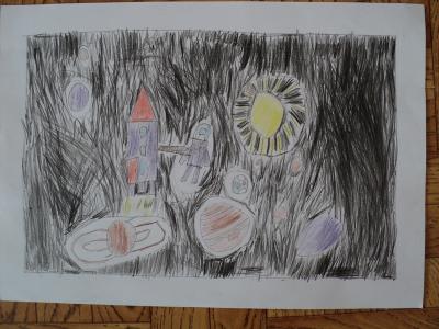 Картина. Автор: Акмухаметов Амир. Техника: карандаш. Класс: 1 Современные технологии в космосе