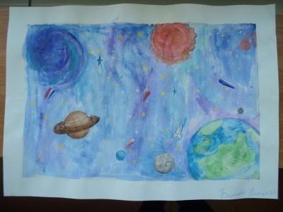 Картина. Автор: Бареева Назгуль. Техника: акварель. Класс: 2 Космические дали