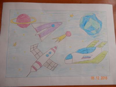 Картина. Автор: Хисиков Даниэль. Техника: восковые мелки. Класс: 2 Космические техника