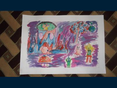 Картина. Автор: Тимофеева Эвелина. Техника: смешенная техника. Класс: 2 «Жизнь на далеких планетах»