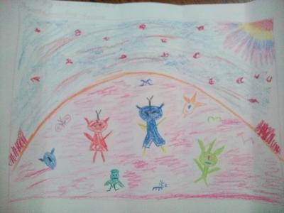 Картина. Автор: Фазлиахметова Алина. Техника: восковые мелки. Класс: 3 обитатели космоса