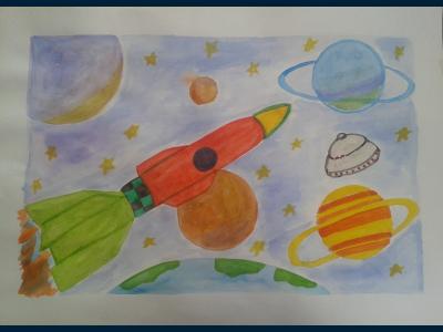 Картина. Автор: Сарлыбаев Азамат. Техника: акварель. Класс: 3 Космические дали