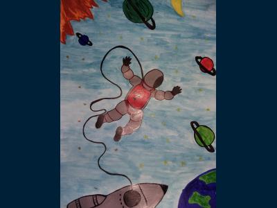 Картина. Автор: Попова Полина Александровна. Техника: гуашь. Класс: 3 В открытом космосе