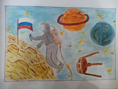 Картина. Автор: Ефремов Дмитрий Александрович. Техника: акварель. Класс: 3 Освоение космоса Россией