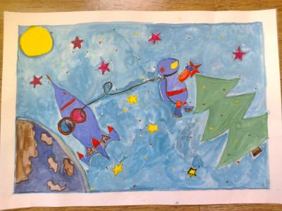 Картина. Автор: Каипкулов Ильназ. Техника: акварель. Класс: 3 "Новый год в космосе"