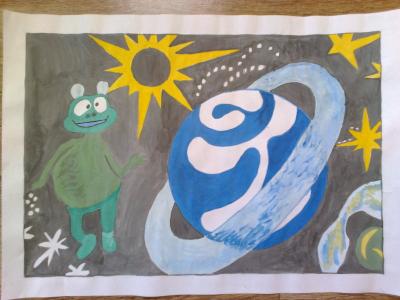 Картина. Автор: Сафин Ринат. Техника: акварель. Класс: 3 "Встреча с инопланетянином"