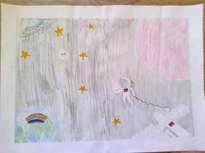 Картина. Автор: Нурхонова Зарина. Техника: карандаш. Класс: 3 «Освоение космоса Россией»