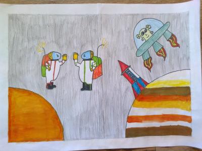 Картина. Автор: Муратова Наиля. Техника: смешенная техника. Класс: 3 «Космические путешествия»