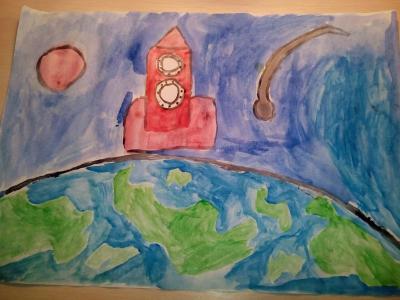 Картина. Автор: Гайнуллин Мурад. Техника: акварель. Класс: 4 "Я хочу быть космонавтом"