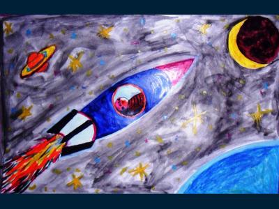 Картина. Автор: Рахмангулов Тимур. Техника: акварель. Класс: 4 "Я летаю над планетой".