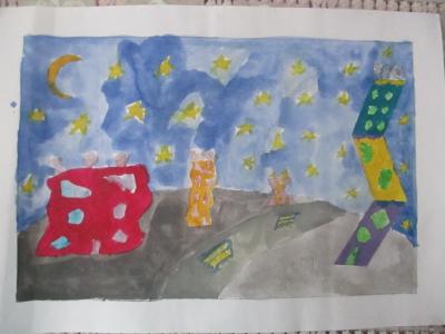 Картина. Автор: Зиннатуллина Яна Линаровна. Техника: акварель. Класс: 4 Город на луне