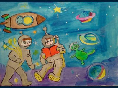 Картина. Автор: Кириллова Юлия. Техника: акварель. Класс: 5 В космосе