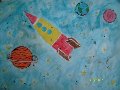 Картина. Автор: Гилязова Розалина. Техника: смешенная техника. Класс: 6 "Космическое путешествие"
