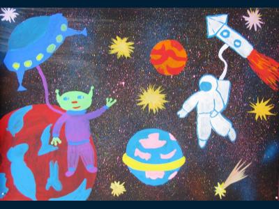 Картина. Автор: Галиуллина Лиана Наильевна. Техника: акварель. Класс: 6 Встреча в космосе