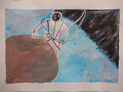 Картина. Автор: Кусакин Александр. Техника: гуашь. Класс: 6 В открытом космосе