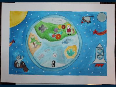 Картина. Автор: Кильмухаметова Гузель. Техника: гуашь. Класс: 7 Я летаю над планетой Земля