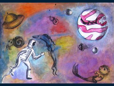 Картина. Автор: Черепанова Юлия Леонидовна. Техника: смешенная техника. Класс: 7 В космическом пространстве