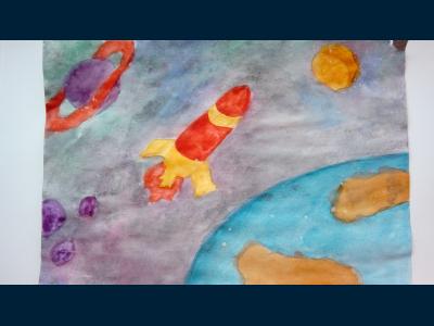 Картина. Автор: Кужабаев Нияз. Техника: акварель. Класс: 1 "Космические дали"