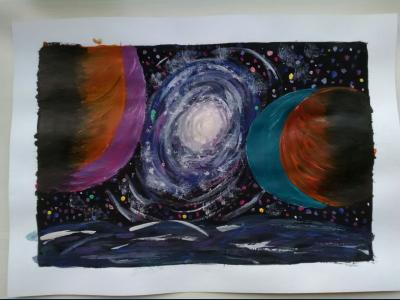 Картина. Автор: Гайнетдинова Эльвина. Техника: гуашь. Класс: 1 Космические дали