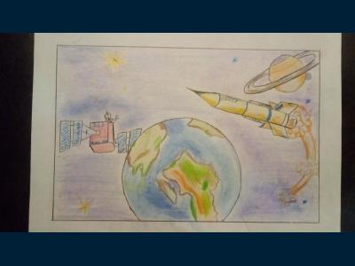 Картина. Автор: Барбак Света. Техника: смешанная техника. Класс: 1 "Освоение космоса Россией"