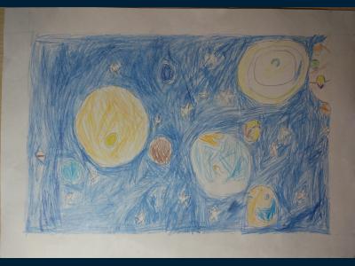 Картина. Автор: Гайнанова Инна. Техника: карандаш. Класс: 1 Планеты в космосе