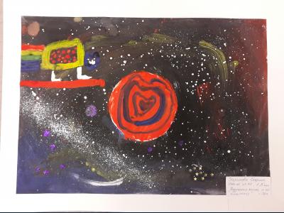 Картина. Автор: Зарипова Софина. Техника: гуашь. Класс: 1 Радужный котик и его планета