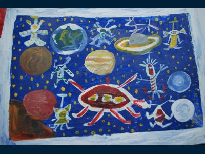 Картина. Автор: Панин Алексей. Техника: гуашь. Класс: 1 Космические герои