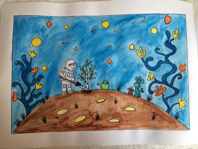 Картина. Автор: Петайкин Яромир. Техника: акварель. Класс: 1 Новая жизнь на другой планете