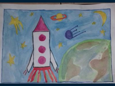 Картина. Автор: Мугавина Альсина Айратовна. Техника: акварель. Класс: 1 Незабываемый космос