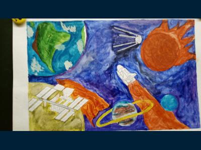 Картина. Автор: Галимов Радмир. Техника: акварель. Класс: 1 Освоение космоса